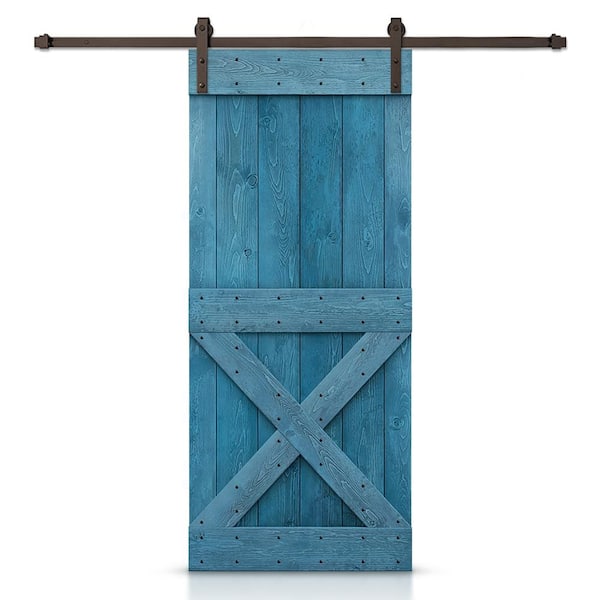 CALHOME Mini X Series 38 in. x 84 in. Pre-Assembled Ocean Blue Stained Wood Interior Sliding Barn Door with Hardware Kit