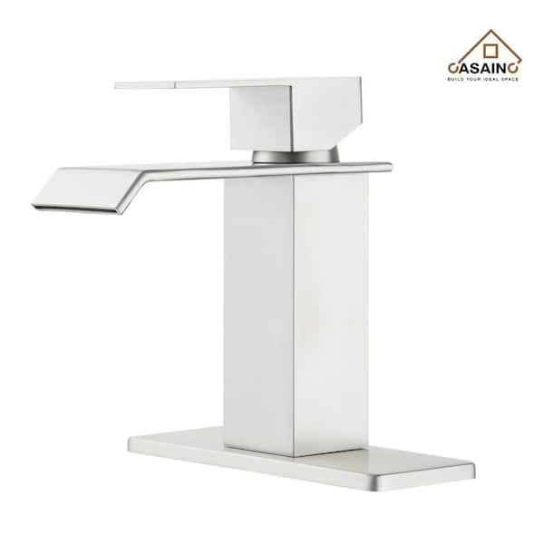 Single Handle Single Hole Bathroom Vanity Sink Waterfall Spout Bathroom Faucet in Brushed Nickel