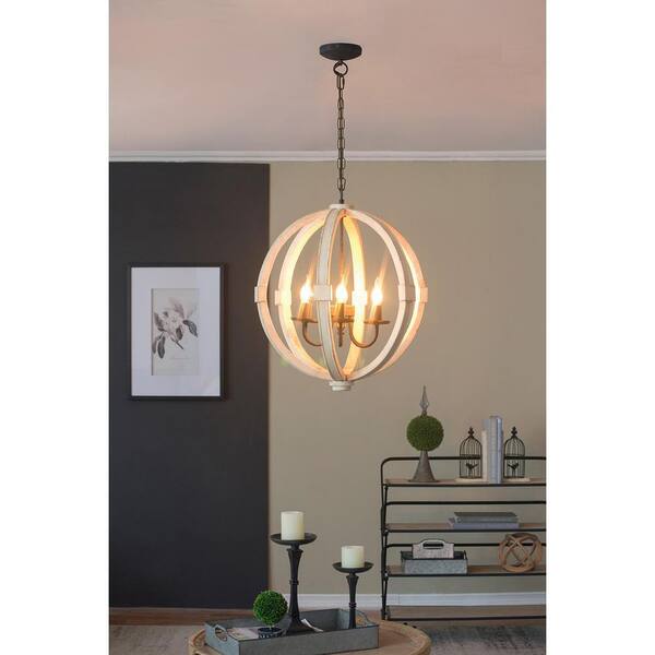 Jushua 6-Light Beige Wood Hanging Light Fixture Chandelier with