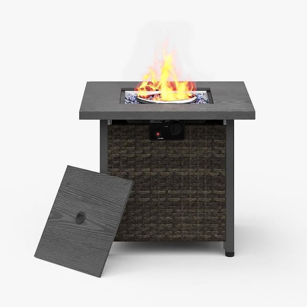 AURA OUTDOOR 28 in. 50,000 BTU Gray Square Wicker Outdoor Fire Pit Table with Waterproof Cover and Fire Glass Beads