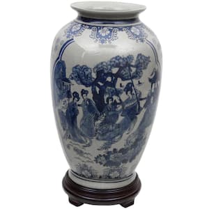 Oriental Furniture 12 in. Ladies Blue and White Porcelain Fishbowl