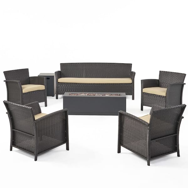 Noble House St. Lucia Brown 7-Piece Faux Rattan Patio Fire Pit Conversation Set with Tan Cushions