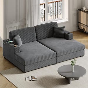 Oversized 86.5 in. sq. Arm Corduroy Rectangle Chaise Lounge Sofa in Dark Gray with Pillows, 2 USB Ports 2-Cup Holders