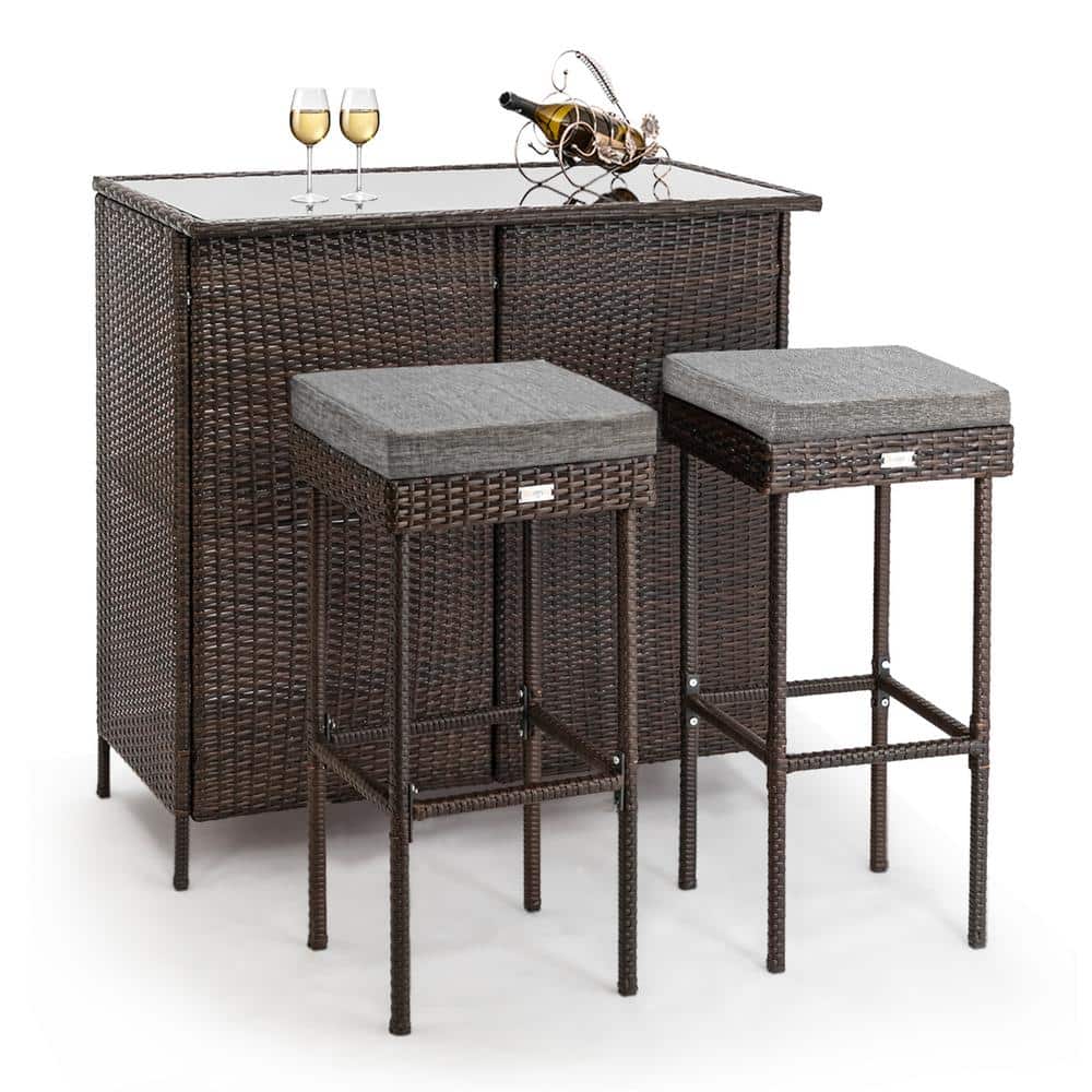 VINGLI Brown 3Piece Wicker Outdoor Serving Bar Set with Grey Cushions
