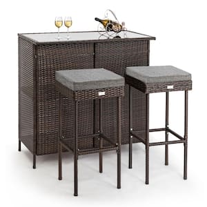 Brown 3-Piece Wicker Outdoor Serving Bar Set with Grey Cushions Outdoor Dining Set Bar Height