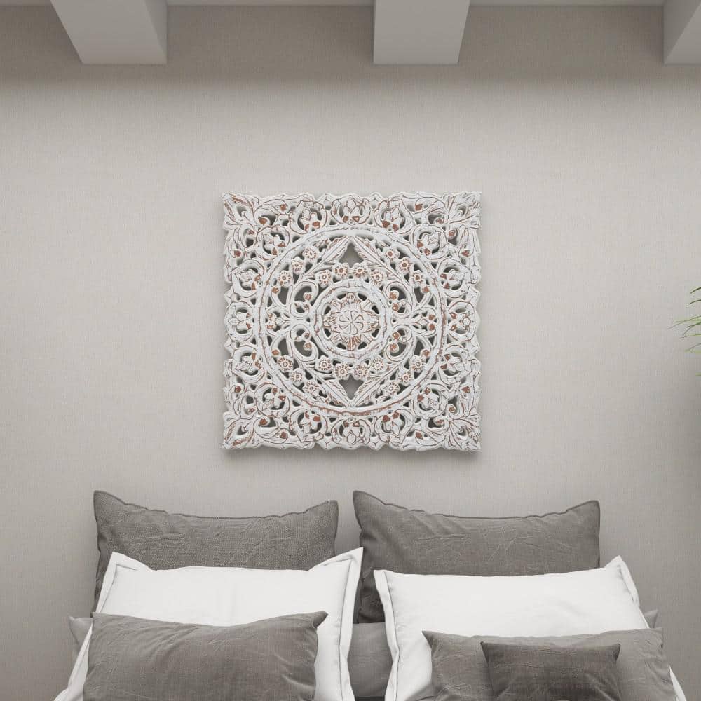 Whitewashed Wood Botanical Carved Wall Panel, 36" Square