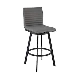 Jermaine 30 in. Bar Height High Back Swivel Bar Stool in Matt Black with Grey Faux Leather