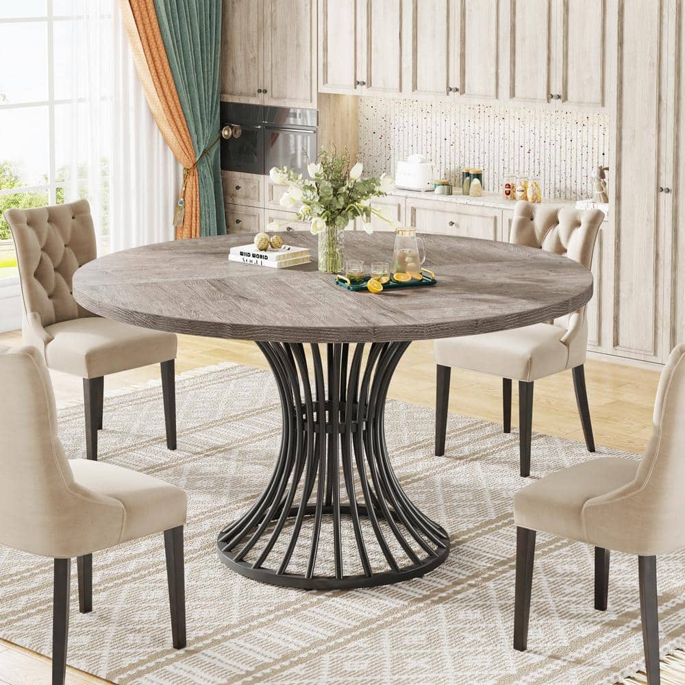 Gray 47-Inch Round Farmhouse Dining Table with Metal Base