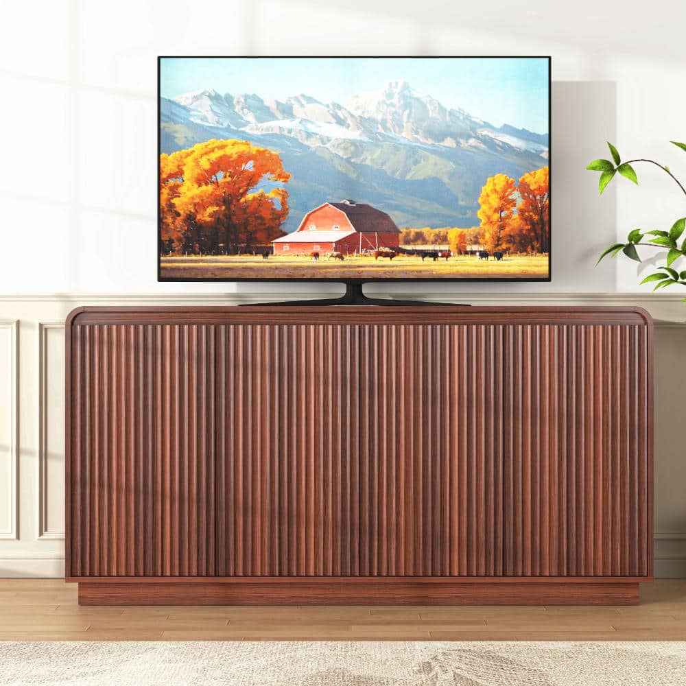 Walnut Fluted TV Stand with Power Outlet and Handleless Wave Design Fits TVs up to 85 in.