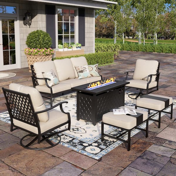 PHI VILLA Black Metal Meshed 7 Seat 6-Piece Steel Outdoor Fire Pit Patio Set with Beige Cushions, Black Rectangular Fire Pit Table