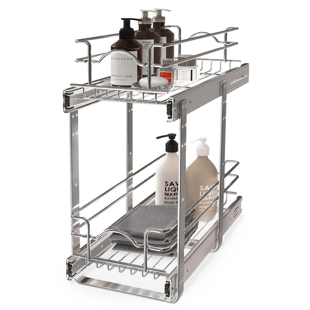 Chrome 2-Tier Wire Basket Pull Out Shelf for Cabinets