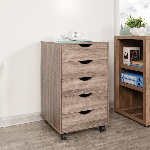 HOMESTOCK 5-Drawer Vintage Oak 26 in. H x 16 in. W x 16 in. D Wood Lateral File Storage Cabinet