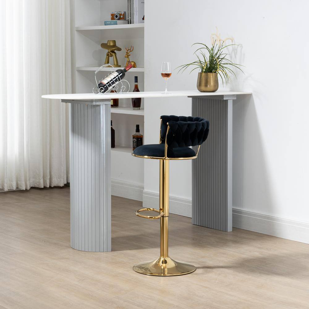 Black Velvet Adjustable Swivel Bar Stools with Gold Frame, Set of 2