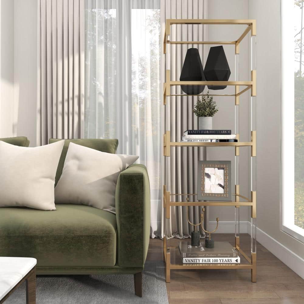 Gold and Clear Glass 5-Tier Shelving Unit with Acrylic Legs