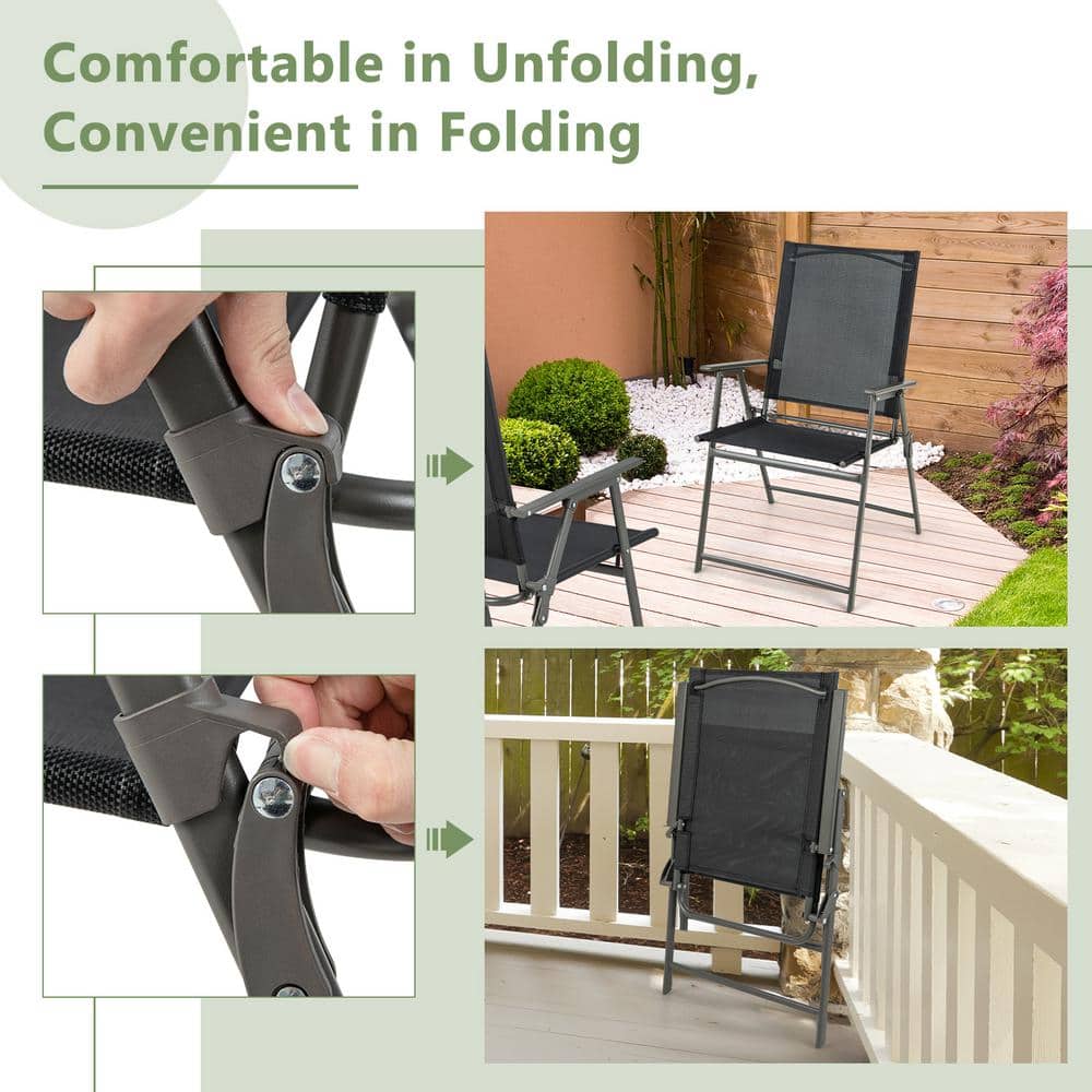 Black and Gray Metal Folding Outdoor Dining Chairs with Armrests, Set of 2
