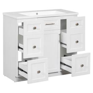 36"W White Free-Standing Resin Top Bathroom Vanity Cabinet with 4 Drawers