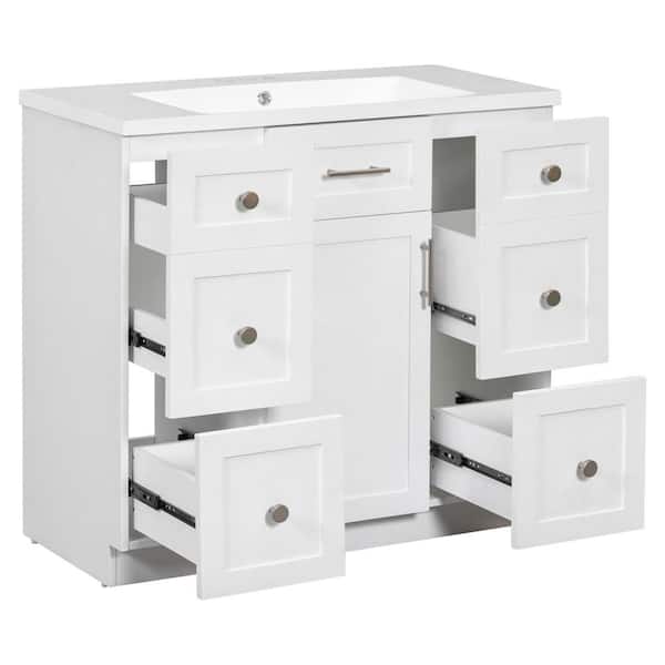 Miscool 36 in. W White Free-Standing With White Resin Top Bathroom Vanity Cabinet with 4 Drawers