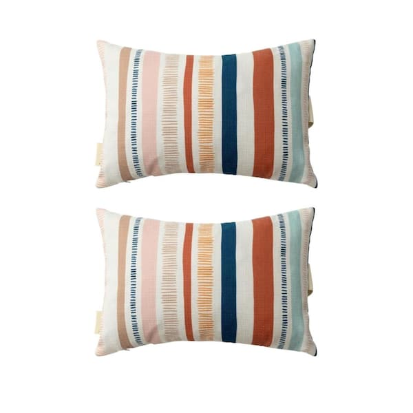 Beige Stripe Rectangular Outdoor Bolster Pillow with Adjustable Elastic Stripe 2-Pack