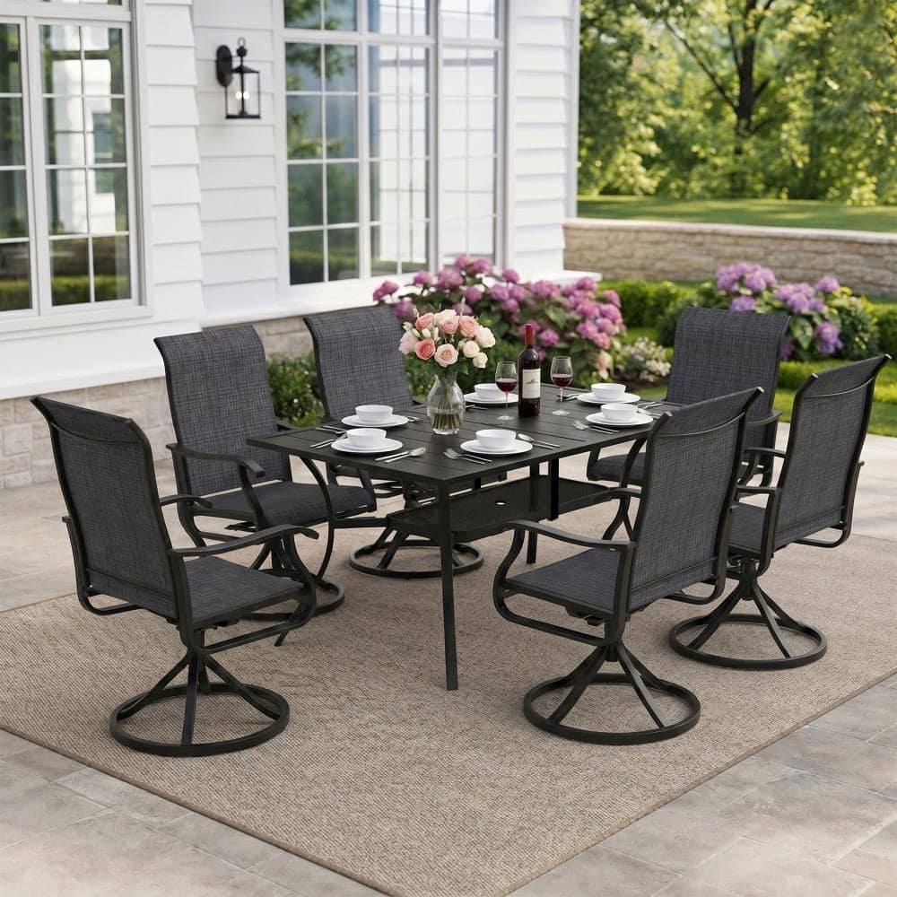 7-Piece Metal Outdoor Patio Dining Set with Rectangular Table and High Back Padded Textilene Swivel Chairs in Drak Gray price history on PriceWatchPro