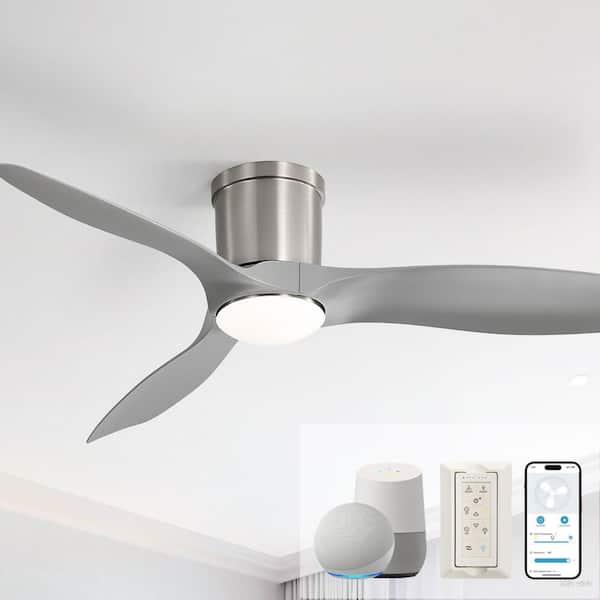 52 in. Smart Indoor Nickel Low Profile Ceiling Fan with LED Light and Remote/App Control, Works with Alexa/Google