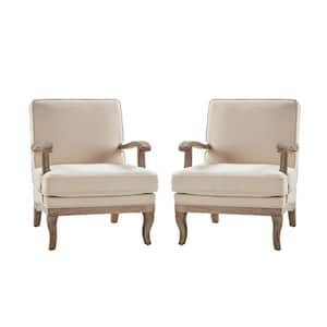 Quentin Linen Farmhouse Wooden Upholstered Arm Chair with Wooden Legs and Foot Pads Protecting the Floor (Set of 2)