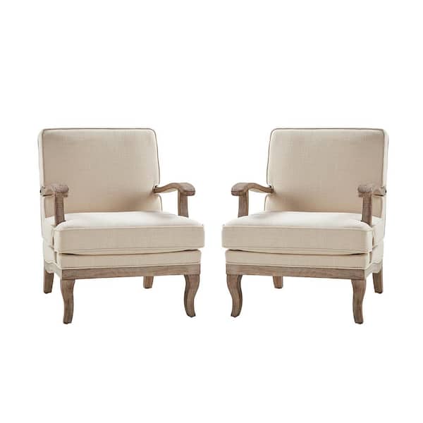JAYDEN CREATION Quentin Linen Farmhouse Wooden Upholstered Arm Chair with Wooden Legs and Foot Pads Protecting the Floor (Set of 2)