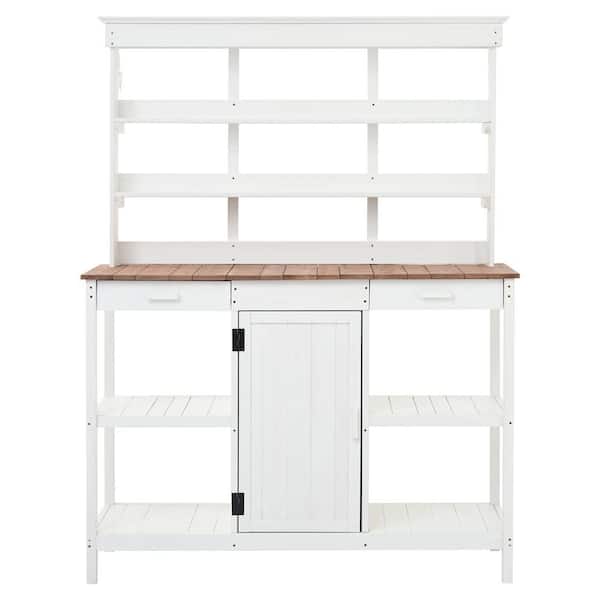 50.2 in. W x 66 in. H White Outdoor Farmhouse Fir Wood Garden Potting Bench Table with Drawers and Cabinet Open Racking
