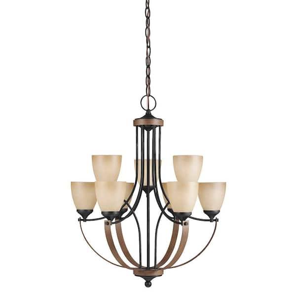 Generation Lighting Corbeille 28 in. W. 9-Light Weathered Gray and Distressed Oak Chandelier with Creme Parchment Glass