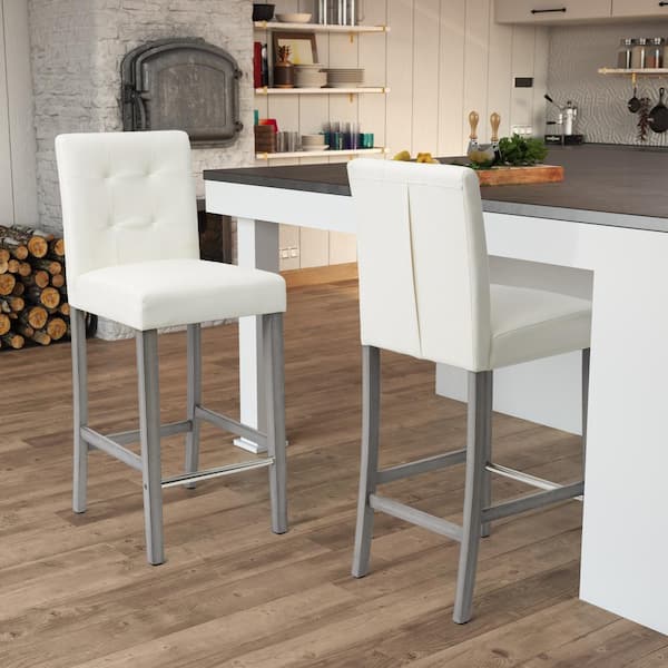 Leila 31 in White Full Back Wood Frame Cushioned Bar Height Stool with Leatherette Seat