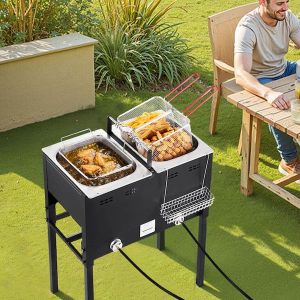 Outdoor Propane Deep Fryer, Dual-Tank 16QTx2 Commercial Fryer, Stainless Steel, 3 Baskets, Thermometer, 50, 000 BTU