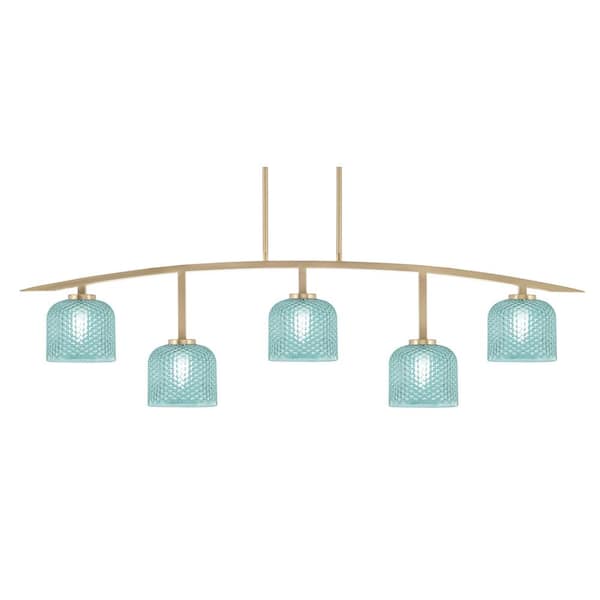 Unbranded Siena 51.25 in. 5-Light New Age Brass Chandelier with 6 in. Turquoise Textured Glass Shades, no bulbs included