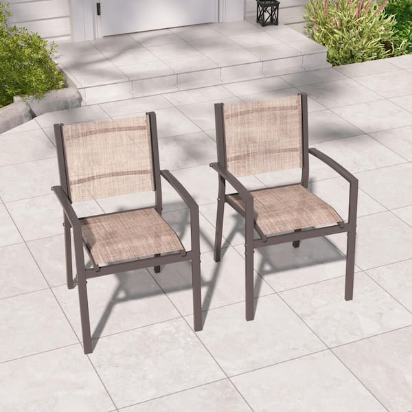 2-Piece Powder-Coated Steel Outdoor Patio Dining Chairs Breathable Textilene Chairs, Weather-Resistant, Taupe