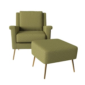 Tyrell Mid Century Modern in Apple Green Tweed Chair and Ottoman Set