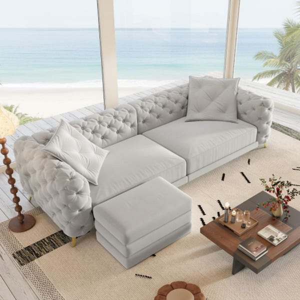SPQB 97.7 in. Tufted Arm 3-Piece Velvet Convertible with Ottoman Pull-out Sleeper Sectional Sofa in Silver Gray