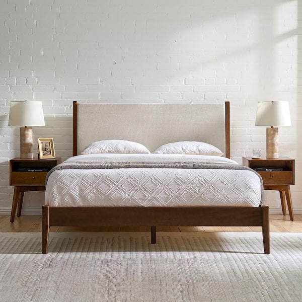 Timotheus Brown Wood Queen Platform Bed with Upholstery Headboard