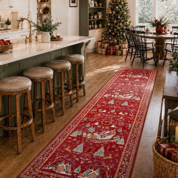 Vintage Christmas Santa Reindeer Red Soft Non-Slip 2 ft. x 10 ft. Kitchen/Bedroom/Hallway Indoor Runner Rug