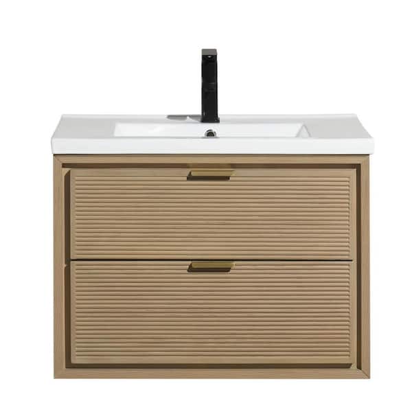 Ari Kitchen and Bath Hermosa 30 in. W x 18.75 in. D x 22 in. H Single Bath Vanity in Oak with Ceramic Top in White with Integrated Basin