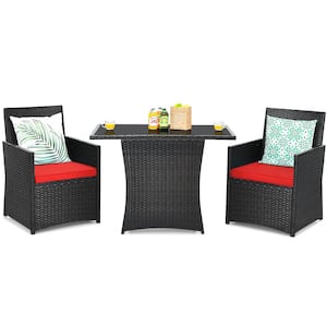 3-Pieces Patio Rattan Patio Conversation Set with Red Cushions