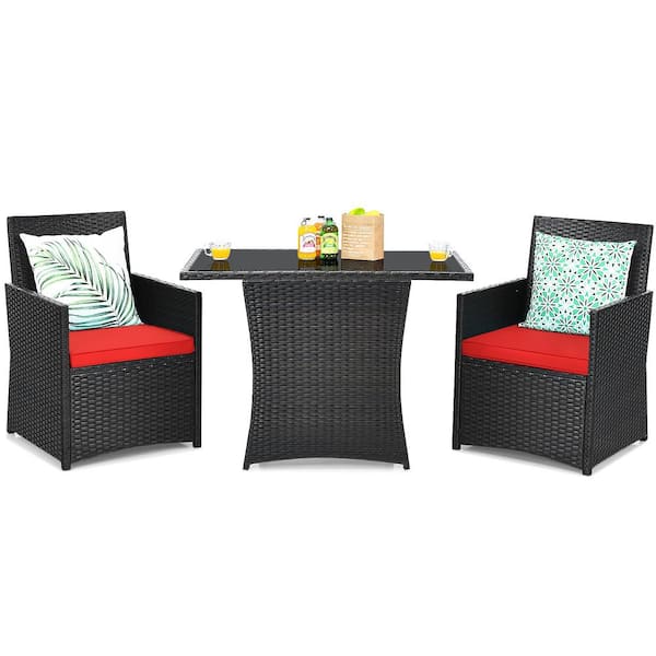 Costway 3-Pieces Patio Rattan Patio Conversation Set with Red Cushions