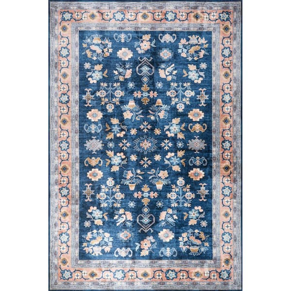 Dayflower Vintage Spill Proof Washable Blue 9.6 ft. x 13.6 ft. Indoor Area Rug
