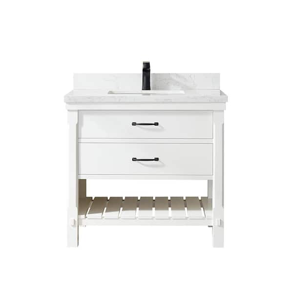 ROSWELL 36 in. W x 22 in. D x 33.9 in. H Bathroom Vanity in White with White Stone Composite Countertop without Mirror