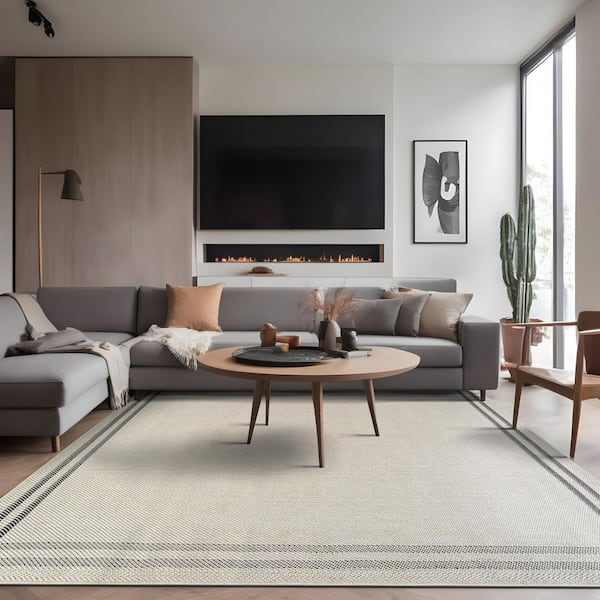 Haven 6 ft. x 9 ft. Bone Border Striped Washable Easy Jute Modern Indoor Outdoor Area Rug