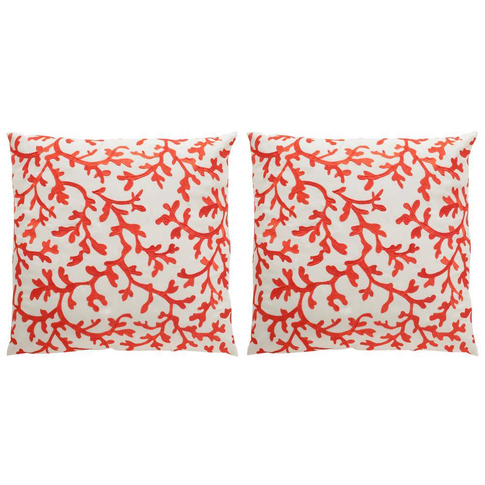 Coral Embroidered White and Red Outdoor Square Pillow Set