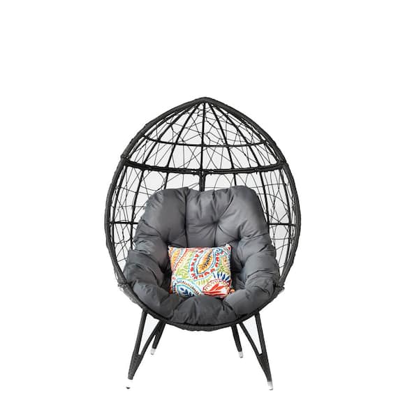 Zeus & Ruta Outdoor Patio Wicker Egg Chair with Gray Cushions for Backyard
