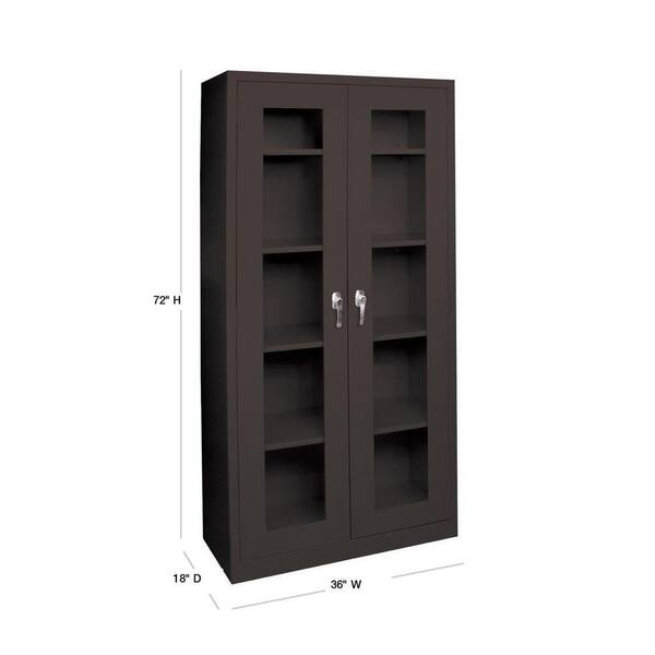 D Freestanding Steel Cabinet With, Black Bookcase With Glass Doors And Drawers