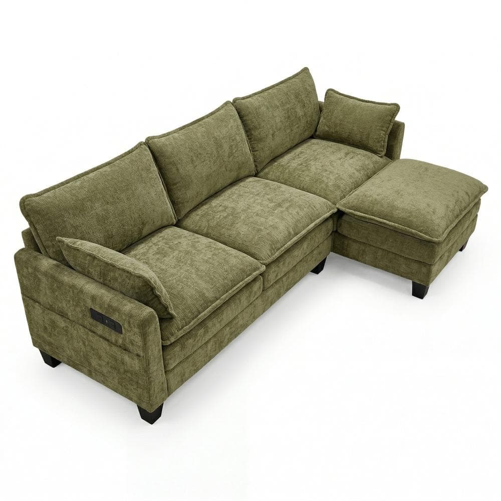 Modern Green Chenille 3-Seat Sofa with Ottoman, USB Ports, Side Pockets, Modular Living Room Furniture in Green price history on PriceWatchPro