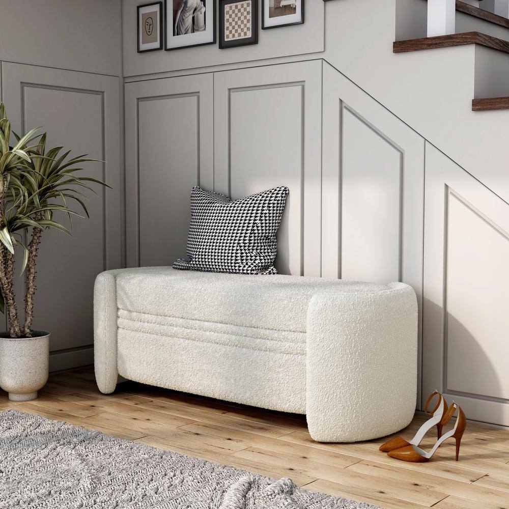 White Boucle Upholstered Storage Bench with Wood Frame