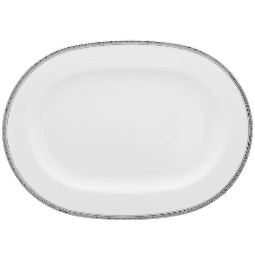 White Ceramic Oval Serving Platter with Platinum Trim