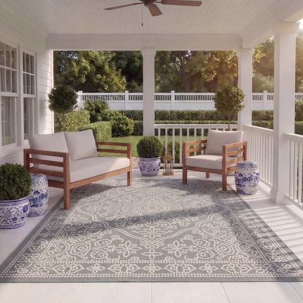 Courtyard Anthracite/Beige 8 ft. x 11 ft. Traditional Ornate Floral Indoor/Outdoor Area Rug
