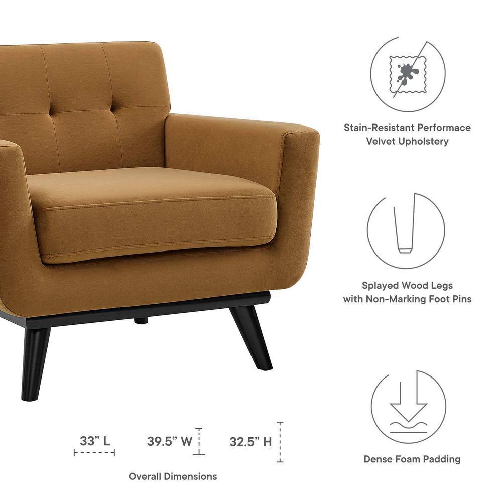 Cognac Elegance 40" Velvet Tufted Armchair with Black Wood Legs